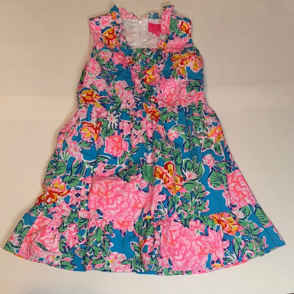 Lilly Pulitzer Ruffle Vibrant Floral Dress in Blue and Pink Size 8 Summer Beach